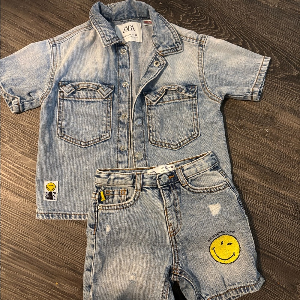 Zara Kids Light Blue Denim Jacket and Shorts with Smiley Detail